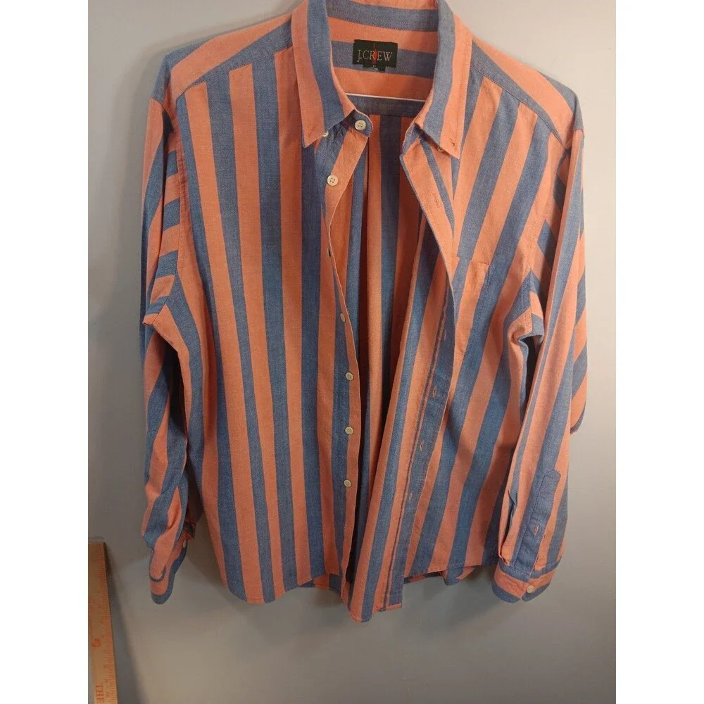 Vintage J.Crew Men's XL Long Sleeve Button Down Shirt Orange Blue Striped Casual
